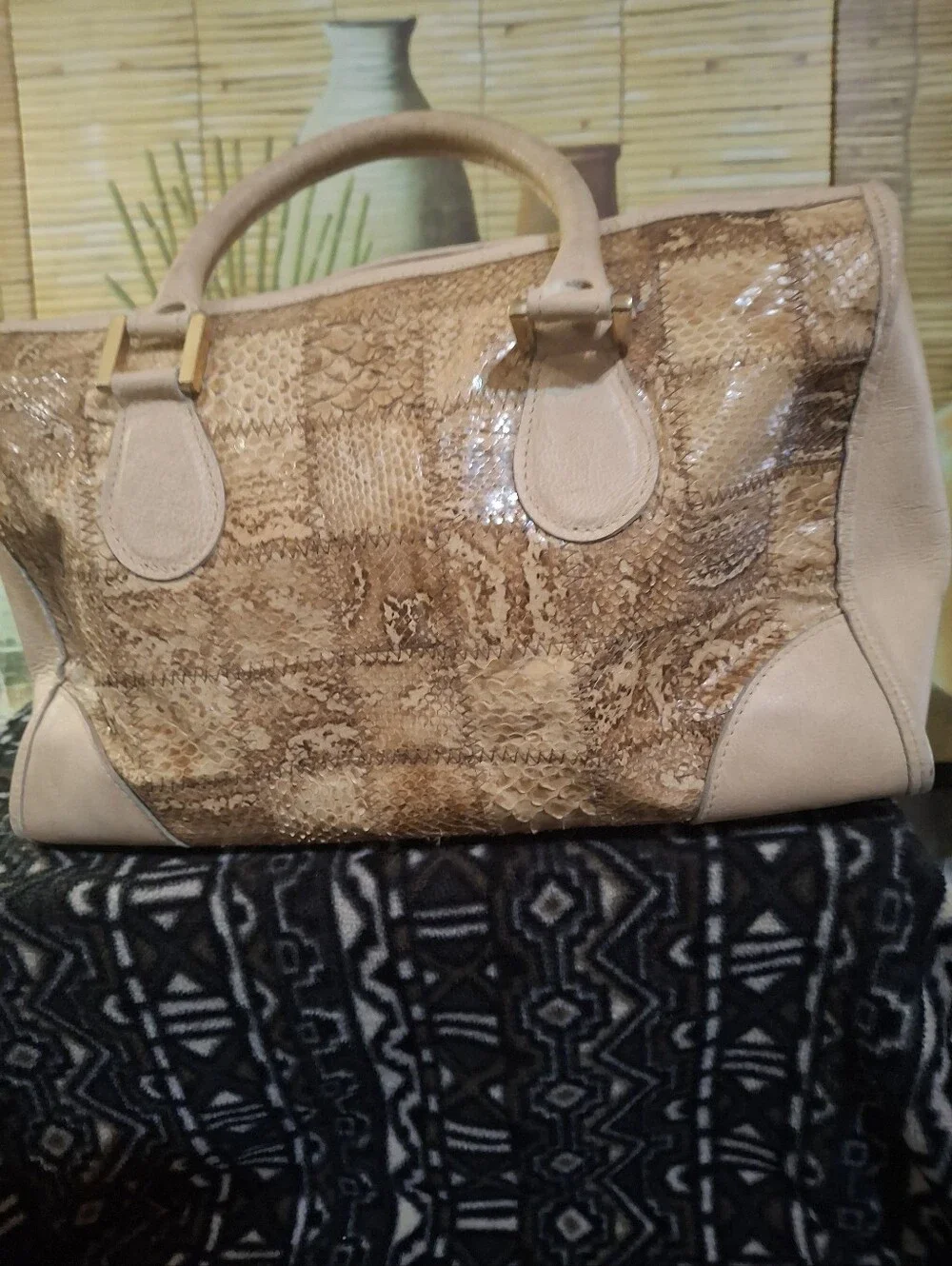 Beige Snake-Texture Satchel Handbag